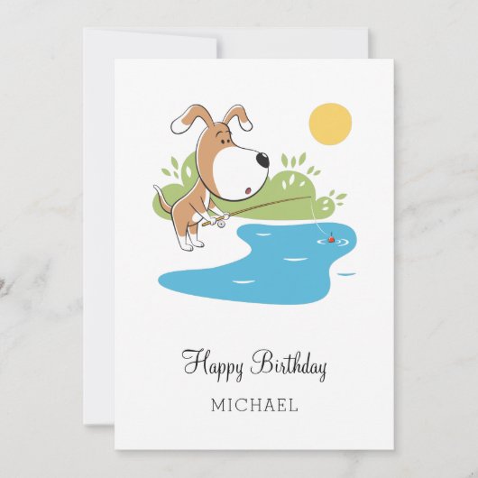 ハッピーバースデー漫画かわいい犬の子犬の魚釣りカード (正面)