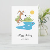 ハッピーバースデー漫画かわいい犬の子犬の魚釣りカード (スタンド正面)