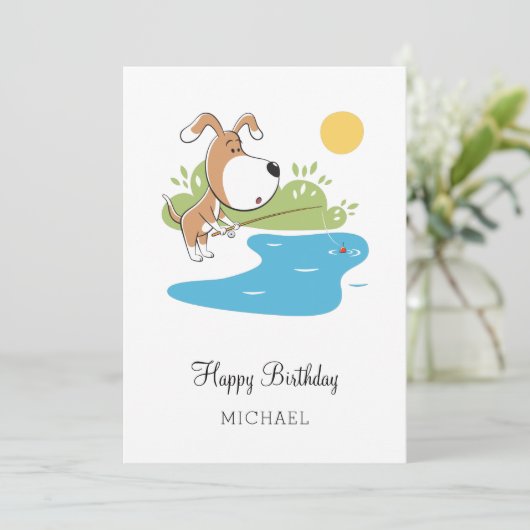 ハッピーバースデー漫画かわいい犬の子犬の魚釣りカード (スタンド正面)