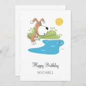 ハッピーバースデー漫画かわいい犬の子犬の魚釣りカード (正面/裏面)