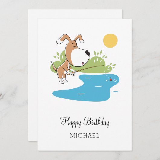 ハッピーバースデー漫画かわいい犬の子犬の魚釣りカード (正面/裏面)