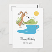 ハッピーバースデー漫画かわいい犬の子犬魚釣り ポストカード (正面/裏面)