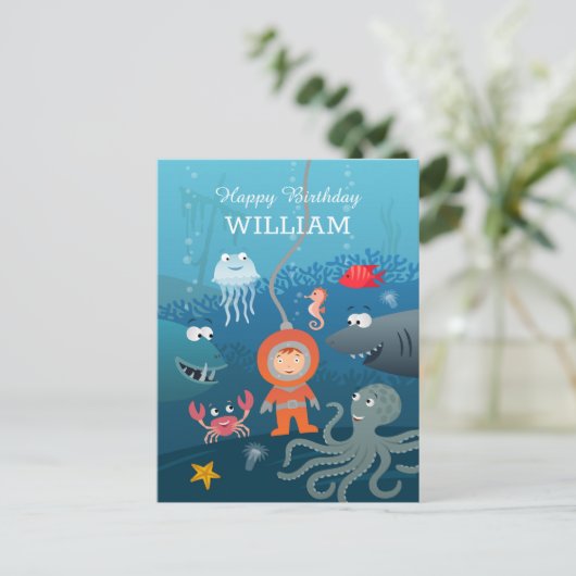 ハッピーバースデー漫画ダイバーアンダーウォーターかわいい ポストカード (スタンド正面)