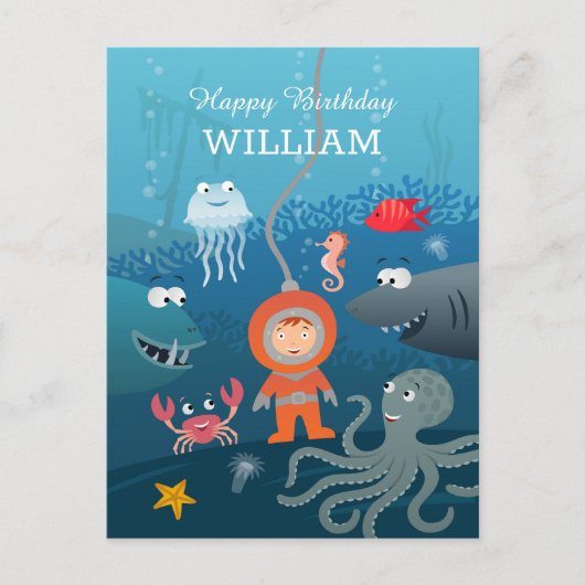ハッピーバースデー漫画ダイバーアンダーウォーターかわいい ポストカード (正面)