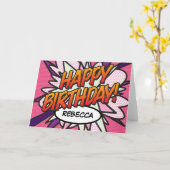 ハッピーバースデー漫画ブックアポップ・アートのートピンク カード (黄色い花)