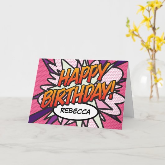 ハッピーバースデー漫画ブックアポップ・アートのートピンク カード (黄色い花)