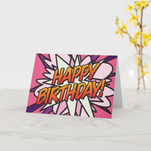 ハッピーバースデー漫画ブックアポップ・アートのートピンク カード (黄色い花)