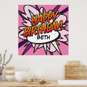 ハッピーバースデー漫画ブックアポップ・アートのートピンク ポスター (キッチン)