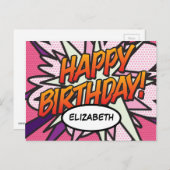 ハッピーバースデー漫画ブックアポップ・アートのートピンク ポストカード (正面/裏面)