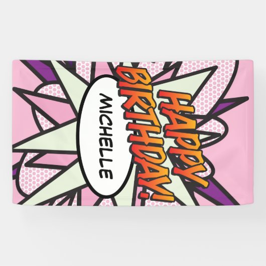 ハッピーバースデー漫画ブックアポップ・アートのートピンク 横断幕 (横)