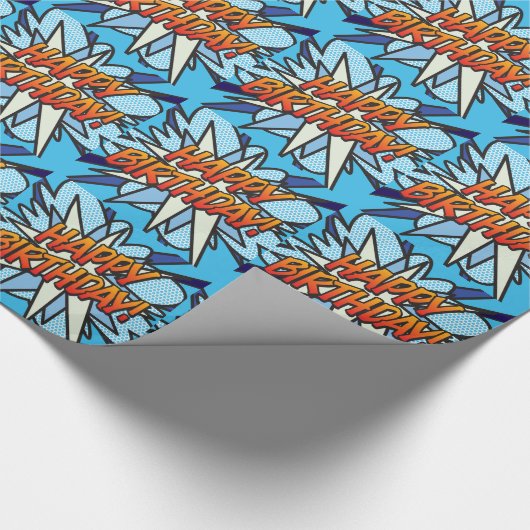 ハッピーバースデー漫画ブックアポップ・アートのートブルー ラッピングペーパー (角)