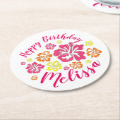 ハッピーバースデー熱帯ハワイアンハイビスカスフラワー ラウンドペーパーコースター (アングル)