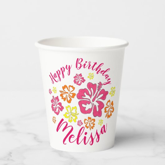 ハッピーバースデー熱帯ハワイアンハイビスカスフラワー 紙コップ (正面)