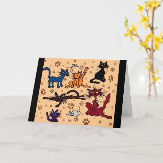 ハッピーバースデー熱狂するキャットレディーグリーティングカード カード (黄色い花)