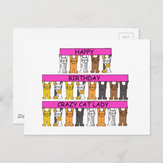 ハッピーバースデー熱狂するキャットレディ、漫画の猫。 ポストカード (正面/裏面)