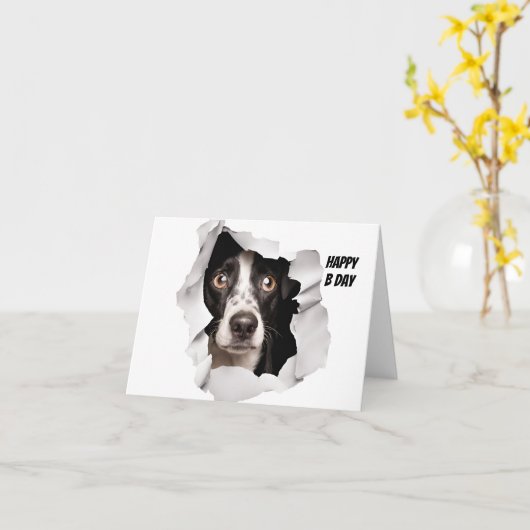 ハッピーバースデー犬が壊れた紙を見る カード (黄色い花)
