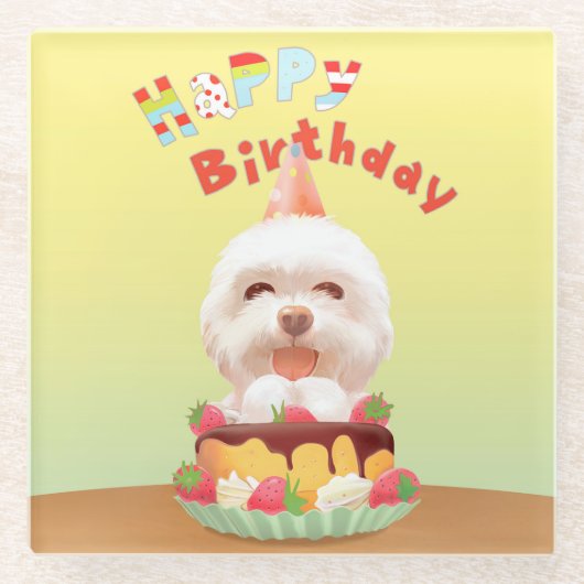 ハッピーバースデー犬とケーキ ガラスコースター (正面)
