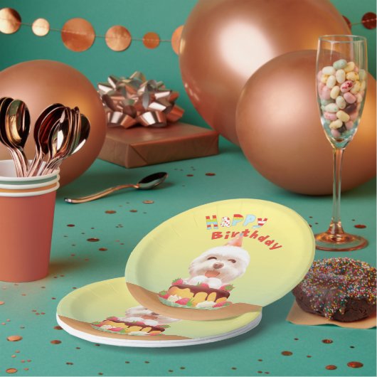 ハッピーバースデー犬とケーキ ペーパープレート (複数)