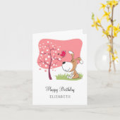 ハッピーバースデー犬の子犬の鳥の花ピンク咲き カード (黄色い花)