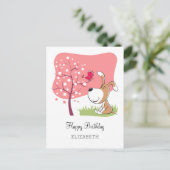 ハッピーバースデー犬の子犬の鳥の花ピンク咲き ポストカード (スタンド正面)