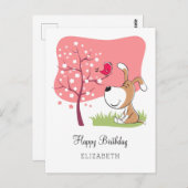 ハッピーバースデー犬の子犬の鳥の花ピンク咲き ポストカード (正面/裏面)
