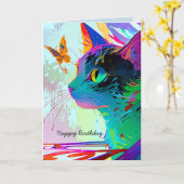 ハッピーバースデー猫と蝶のカスタマイズ カード (黄色い花)