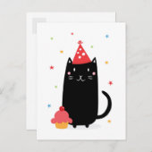 ハッピーバースデー猫のカップケーキとパーティー帽子 インビテーションポストカード (正面/裏面)