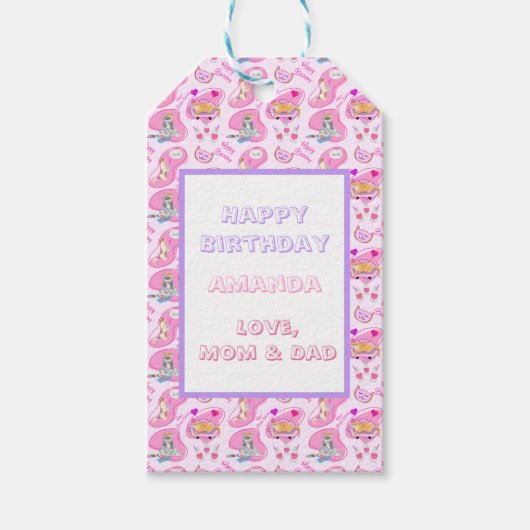 ハッピーバースデー猫はパーティーを持つ ギフトタグ (正面)