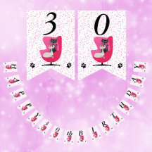 ハッピーバースデー猫背ピンクチェアミッドセンチュリードット