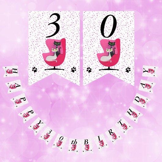 ハッピーバースデー猫背ピンクチェアミッドセンチュリードット バンティングフラッグ