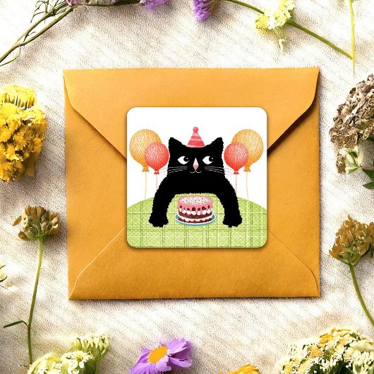 ハッピーバースデー猫、ケーキと風船 ステッカー