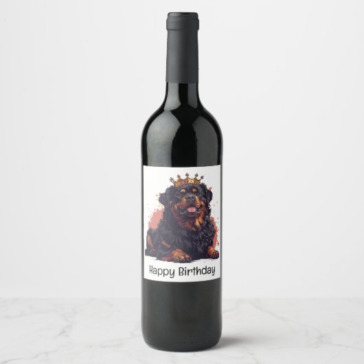 ハッピーバースデー王室のロットワイラードッククイーンクラウン ワインラベル (正面)