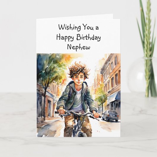 ハッピーバースデー甥 | Boy on Bike in City カード (正面)