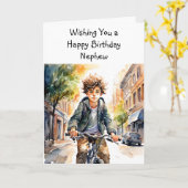 ハッピーバースデー甥 | Boy on Bike in City カード (黄色い花)