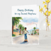 ハッピーバースデー甥 | Boy on Bike in City カード (黄色い花)