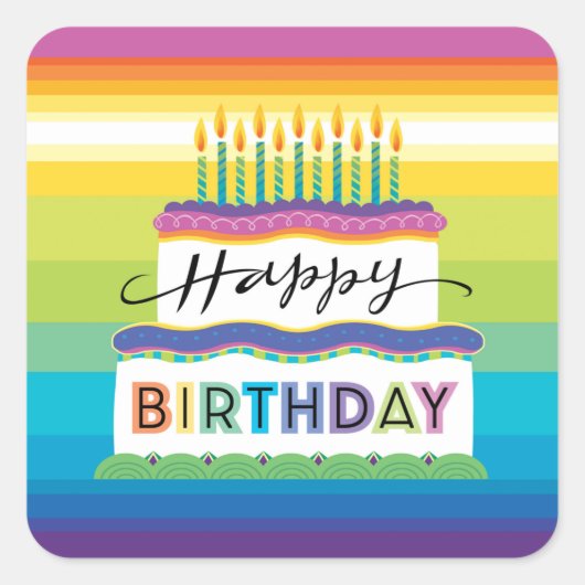ハッピーバースデー白ケーキ鮮やか着色氷 スクエアシール (正面)