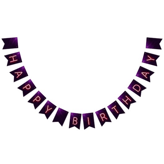 ハッピーバースデー白熱［赤熱］光を放つネオンライトオンダークパープル バンティングフラッグ (全)