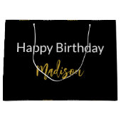 ハッピーバースデー白黒および金ゴールドスクリプト名 ラージペーパーバッグ (正面)