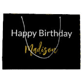 ハッピーバースデー白黒および金ゴールドスクリプト名 ラージペーパーバッグ (裏面)