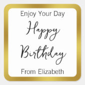 ハッピーバースデー白黒と金ゴールドの名前 スクエアシール (正面)