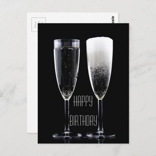 ハッピーバースデー白黒シャンパンフルートグラス ポストカード (正面/裏面)