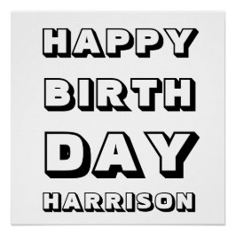 ハッピーバースデー白黒名前をカスタムするモダンはっきりした ポスター