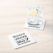 ハッピーバースデー白黒名前をカスタムする モダン スクエアペーパーコースター (インサイチュ)