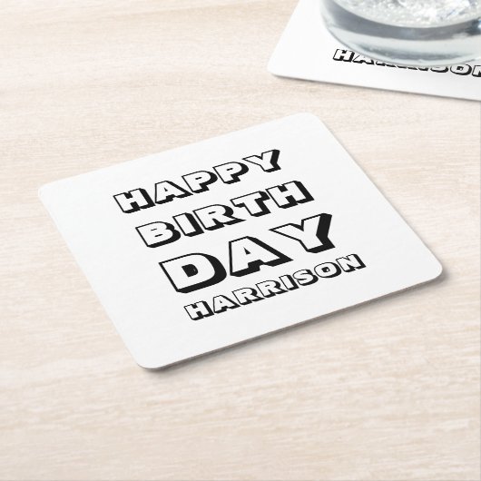 ハッピーバースデー白黒名前をカスタムする モダン スクエアペーパーコースター (アングル)