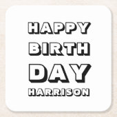 ハッピーバースデー白黒名前をカスタムする モダン スクエアペーパーコースター (正面)