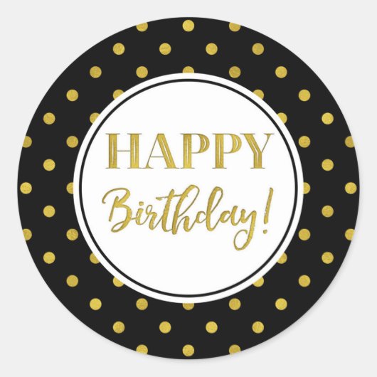 ハッピーバースデー白黒金ゴールドドット ラウンドシール (正面)