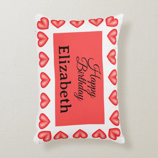 ハッピーバースデー矩形ハート枠名前をカスタムする アクセントクッション (正面(垂直))