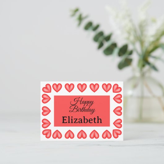 ハッピーバースデー矩形ハート枠名前をカスタムする プレイスカード (スタンド正面)