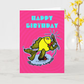 ハッピーバースデー立ち上げ魚おもしろいピンクカード カード (黄色い花)