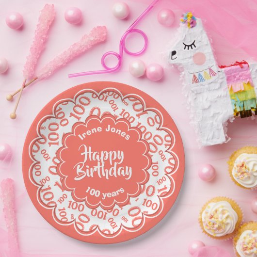 ハッピーバースデー第100回珊瑚/白色数模様 ペーパープレート (パーティー)